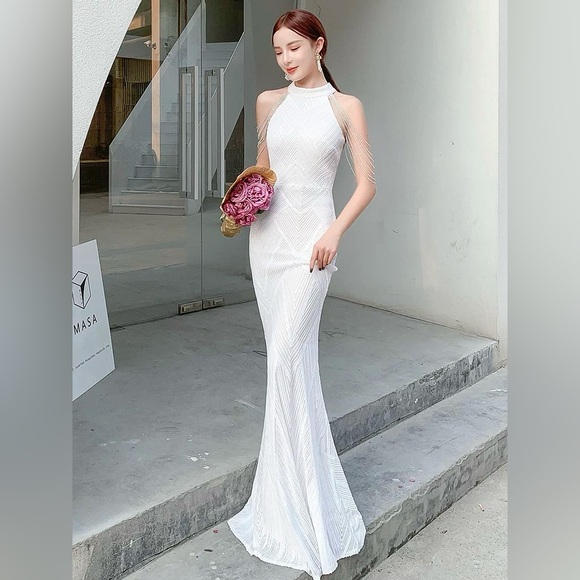 [SOLD] White Beaded Formal Dress Sequin Mermaid Cocktail Dress - Picture 5 of 11